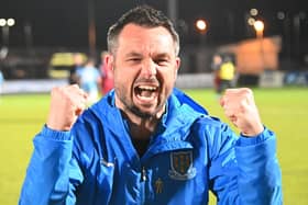 Ballymena United manager Jim Ervin celebrates after the final whistle. PIC: Pacemaker
