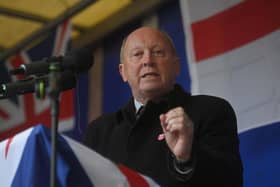 TUV leader Jim Allister speaking during a anti-Northern Ireland Protocol rally in Bangor, Co Down in April 2022. Photo: PA
