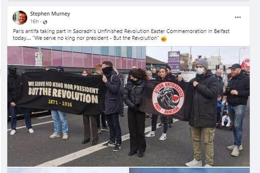 Tweet from Stephen Murney hailing the Antifa contingent