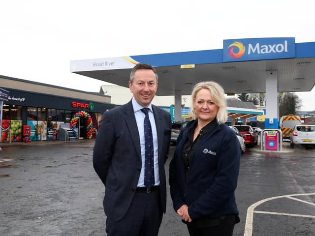 £2.35m investment transforms Maxol Braid River with expansion and re-development. Pictured are Brian Donaldson, chief executive officer, Maxol with Nicola Farrell, Braid River site manager