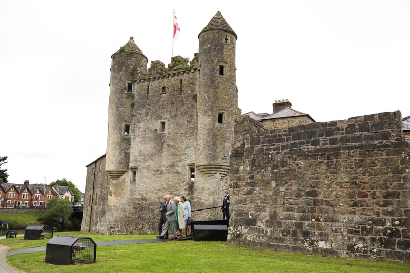 King Charles III and Queen Camilla walk as they visit Enniskillen Castle