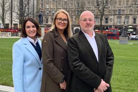 Belfast-Dublin based corporate travel management company, Beyond Business Travel, is set to double the size of the business by 2030 following its acquisition by multi-award-winning global events group, The Human Network late last year. Pictured are Edel Doherty, consultant, Shauna Burns, managing director and Steve Banks, CEO