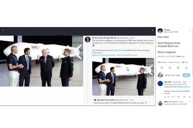 Screen grab from the Twitter feed of @Goosey30111568 showing Grant Shapps, tweeting in advance of a rocket launch from Spaceport Cornwall (right). The photo that accompanied the tweet appeared to show Mr Shapps enjoying a solitary visit to Spaceport in Cornwall. Social media users were quick to notice that Mr Johnson appeared to have been digitally erased, or photoshopped, from the original photo (left). Issue date: Tuesday January 10, 2023.