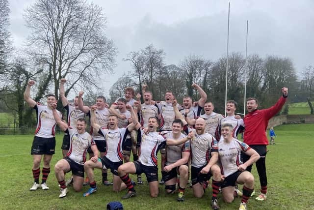 Armagh celebrate promotion to Division 1A for the first time in their history. Picture: Evan Morton, Armagh RFC