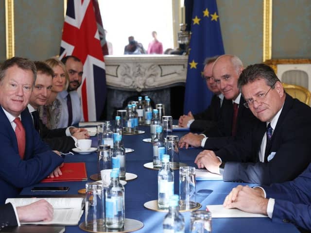 Lord Frost (first in line, left, looking at the camera) meeting with EU Commission Vice President Maroš Šefčovič (his counterpart to the right) in 2021 in London