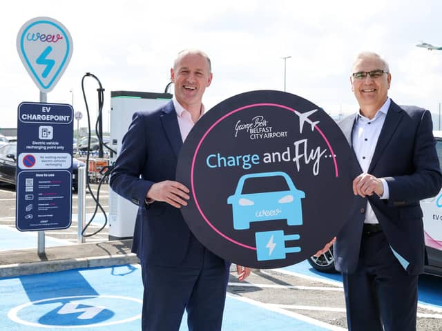 Mark Beattie, chief operating officer at Belfast City Airport, pictured with Philip Rainey, Weev CEO, announcing that Belfast City Airport has become the first airport in Northern Ireland to provide electric vehicle (EV) charging points for passengers