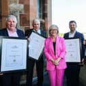 Four well-renowned and respected manufacturing leaders from Northern Ireland have been announced as the latest inductees to the Northern Ireland Manufacturing Hall of Fame. Pictured are George Fleming, Fleming Agri Products, Walter Watson, Walter Watson Ltd, Wendy Austin, event MC, Mark Hutchinson, Hutchinson Engineering and John Bosco O’Hagan, Specialist Group