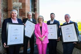 Four well-renowned and respected manufacturing leaders from Northern Ireland have been announced as the latest inductees to the Northern Ireland Manufacturing Hall of Fame. Pictured are George Fleming, Fleming Agri Products, Walter Watson, Walter Watson Ltd, Wendy Austin, event MC, Mark Hutchinson, Hutchinson Engineering and John Bosco O’Hagan, Specialist Group