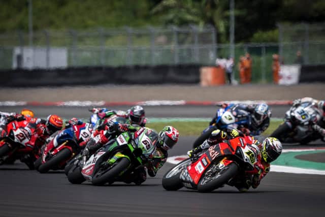 Alvaro Bautista (Aruba.it Ducati) leads Jonathan Rea (Kawasaki Racing Team) at Mandalika in Indonesia.