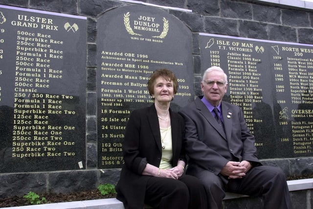 PACEMAKER, BELFAST,  11/5/2001:  May and William Dunlop, Joey Dunlop's parents, pictured in the Joey Dunlop Memorial garden on the day it was opened in his home town of Ballymoney, Co. Antrim.
PICTURE BY STEPHEN DAVISON:-