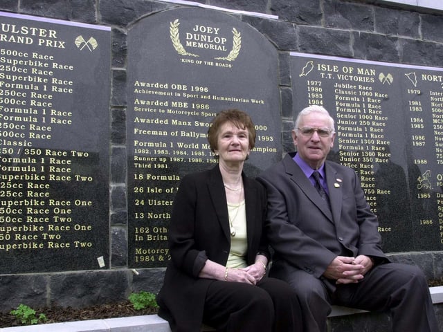PACEMAKER, BELFAST, 11/5/2001: May and William Dunlop, Joey Dunlop's parents, pictured in the Joey Dunlop Memorial garden on the day it was opened in his home town of Ballymoney, Co. Antrim.
PICTURE BY STEPHEN DAVISON:-