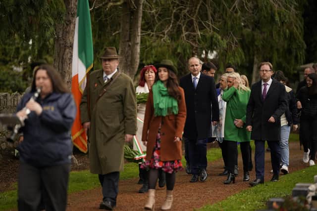 Taoiseach Micheal Martin (centre right) attends the annual Fianna Fail commemoration of Wolfe Tone in Bodenstown, Co. Kildare. Picture date: Sunday October 16, 2022.