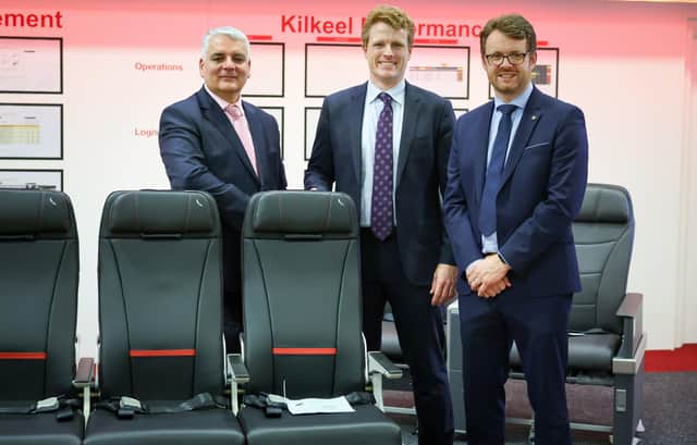 From left, Interim CEO, Invest Northern Ireland Mel Chittock, US Special Envoy to Northern Ireland for Economic Affairs Joe Kennedy III and Managing Director of Operations Collins Aerospace's Kilkeel facility Alan Henning.