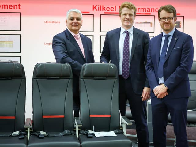 From left, Interim CEO, Invest Northern Ireland Mel Chittock, US Special Envoy to Northern Ireland for Economic Affairs Joe Kennedy III and Managing Director of Operations Collins Aerospace's Kilkeel facility Alan Henning.