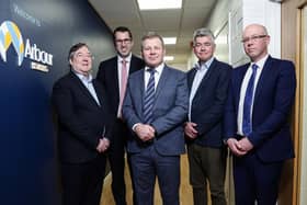 Arbour Housing announces £8m investment to upgrade homes across Armagh City, Banbridge and Craigavon, with tenants set to benefit from heating, windows, doors, and solar panels, enabled by ‘first-of-its-kind’ support from Ulster Bank. Pictured is Kieran Matthews, chief executive of Arbour Housing, Richard Lusty, Relationship director at Ulster Bank, Kenton Hilman, head of corporate banking at Ulster Bank, Will Chambré, chair of Arbour Housing, and Niall Bradshaw, associate director, Ulster Bank