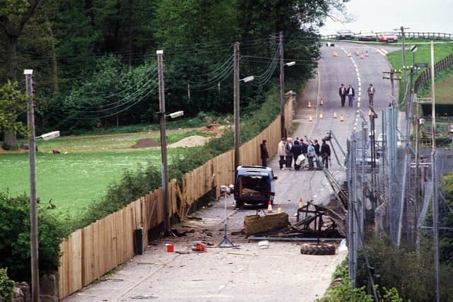 The scene at Loughgall in May 1987 where eight IRA men were shot dead by the SAS as they tried to blow up the RUC station. Civilian Anthony Hughes, who was travelling through the village in a car, was also shot dead