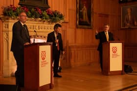 Ulster Unionist leader Doug Beattie and DUP leader Sir Jeffrey Donaldson discuss the future of unionism at an event at Queen’s University Belfast on Thursday night, hosted by the former BBC NI Political Editor Mark Devenport