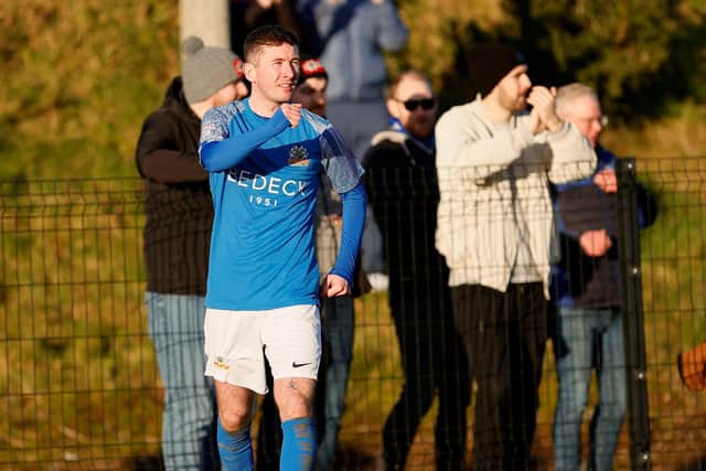 Glenavon's James Doona celebrates his first goal for the club against Knockbreda. PIC: Alan Weir/Pacemaker Press