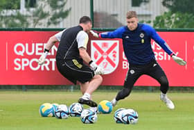 Northern Ireland's Bailey Peacock-Farrell in training at The Dub this week before Euro 2024 qualifiers against Denmark and Kazakhstan