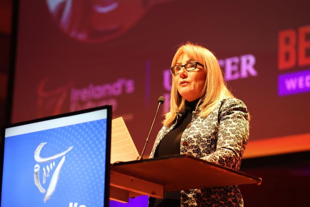 Irish senator Frances Black speaks during a rally for Irish unification organised by Pro-unity group Ireland's Future at the Ulster Hall in Belfast. Picture date: Wednesday November 23, 2022. PA Photo. See PA story ULSTER IrishUnity. Photo credit should read: Liam McBurney/PA Wire