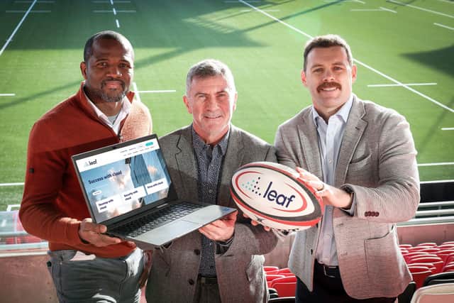 Former Ulster Rugby star Darren Cave joined Steven Goldblatt, centre, CEO of leading Belfast IT firm Leaf and Andre Lynch, security consultant at global software company ConnectWise to call on businesses to make strengthening their cyber defences the number one security priority this year