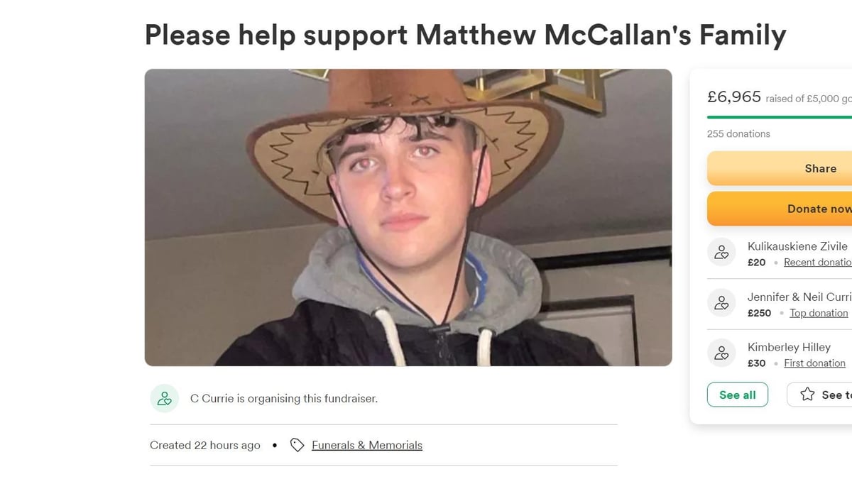 Gofundme page raises £7,000 for devastated parents of teenager Matthew McCallan