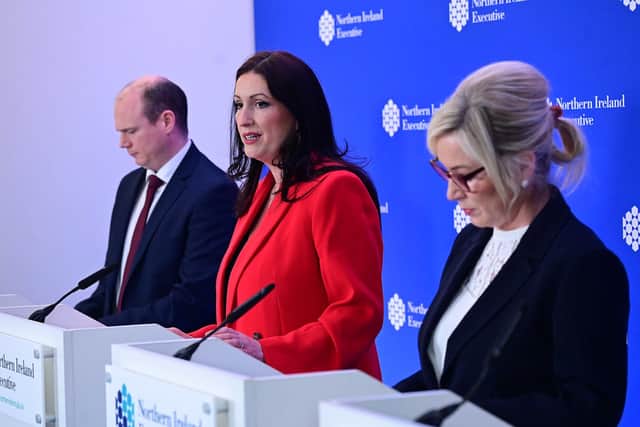 First Minister Michelle O’Neill, Deputy First Minister Emma Little Pengelly, and DFC Minister Gordon Lyons at a press conference £19.2 million funding for a ho0me heating oil scheme