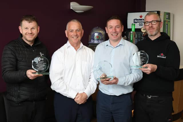 Three employees at Craigavon-based drinks firm United Wines have been recognised for their long service, having worked for the company for a combined total of 60 years.  Rory Hill, John McStravick, Conor McStravick were each presented with a commemorative plaque and a gift voucher from managing director Martin McAuley to mark 20 years’ service at the company’s County Armagh base