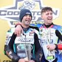Race winner Dominic Herbertson (right) and Michael Sweeney embrace on the podium after a thrilling feature Superbike race at the Cemcor Cookstown 100