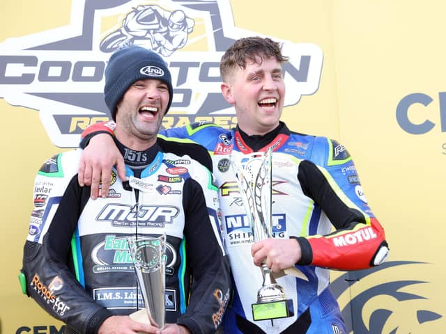 Race winner Dominic Herbertson (right) and Michael Sweeney embrace on the podium after a thrilling feature Superbike race at the Cemcor Cookstown 100