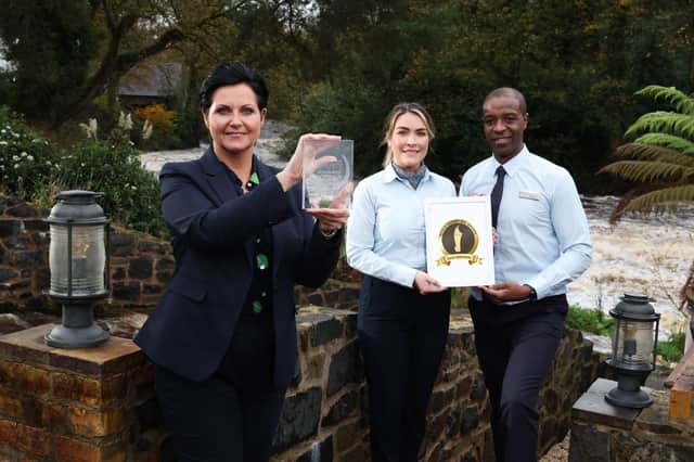Galgorm Resort has been recognised by two global platforms, winning an unprecedented six awards at the prestigious 2023 World Luxury Awards hosted in Athens, and securing the Best Destination Spa 2024 title at the recent Conde Nast Johansens Awards in London. Pictured are Tara Moore, head of spa operations, Emma Garrett, thermal spa manager and Kenneth During, thermal spa manager at Galgorm