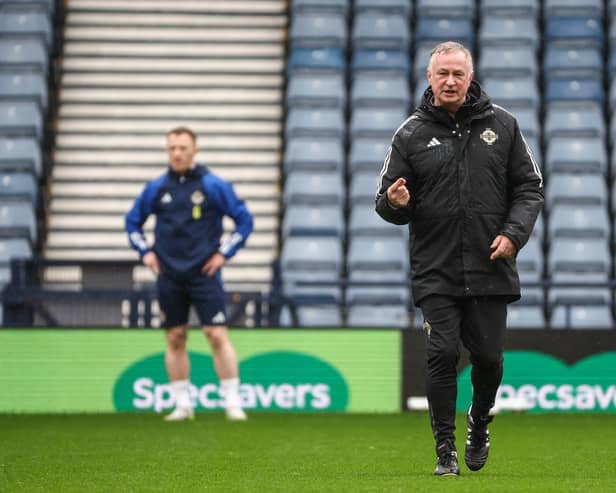 Northern Ireland manager Michael O’Neill during Monday’s training session at Hampden Park
