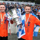 Andy Hall (R) celebrates with fellow 2015/16 Irish Cup final goalscorer Kevin Braniff after Glenavon's 2-0 success over Linfield. PIC: Brian Little/Presseye