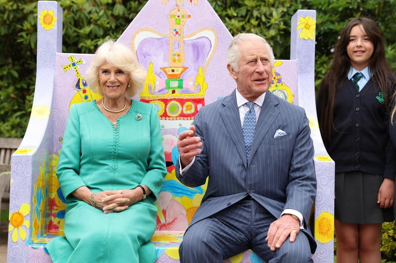 King Charles and Queen Camilla pictured today at Hillsborough Castle.King Charles and Queen Camilla have arrived in Northern Ireland for of a two-day visit. Their first visit since their coronation earlier this month.