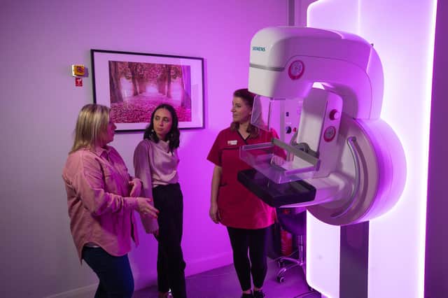 Alex Todd from its4women (left); Breast Friends fundraiser and social media influencer Francesca McKee (centre) and Action Cancer’s senior radiographer Éadaoin Smith (right) discuss the importance of breast screening and being Breast Aware.