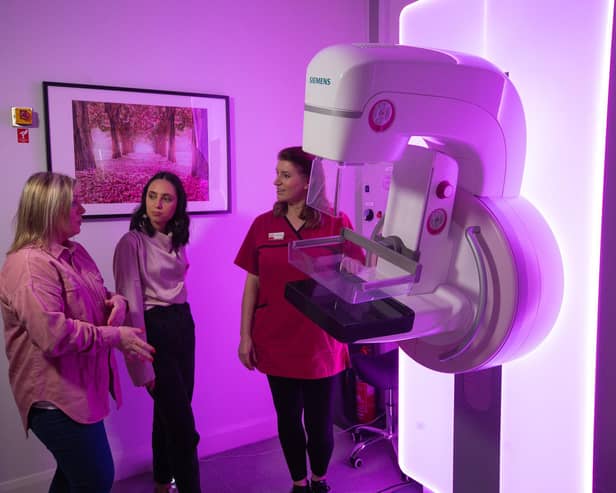 Alex Todd from its4women (left); Breast Friends fundraiser and social media influencer Francesca McKee (centre) and Action Cancer’s senior radiographer Éadaoin Smith (right) discuss the importance of breast screening and being Breast Aware.