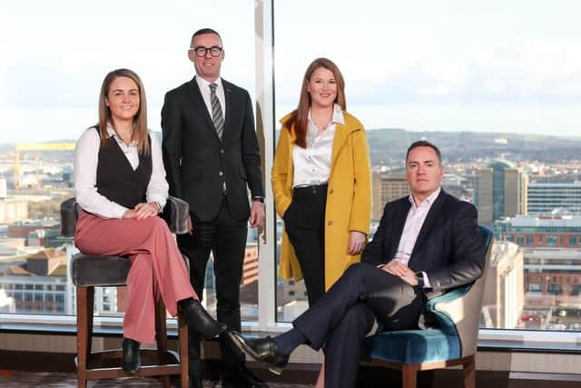 2024 EY Entrepreneur Of The Year (EOY) Ireland programme is open for nominations today. Pictured at the launch of the 2024 EY Entrepreneur Of The Year programme are Leona McAllister, chief commercial officer, PlotBox, Rob Heron, partner lead for EY Entrepreneur Of The Year in Northern Ireland, Ruth Todd, senior manager, EY and Jonathan Dobbin, head of UK Regions, Julius Baer. Photograph: Darren Kidd, PressEye Photography