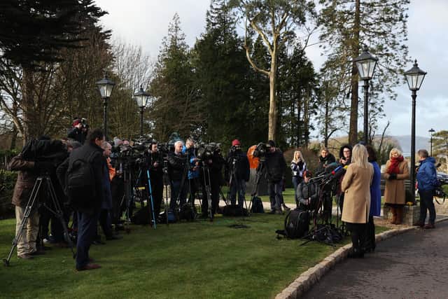 Sinn Fein Party leader Mary Lou McDonald and vice president Michelle O'Neill speak to the media outside the Culloden Hotel in Belfast, where Prime Minister Rishi Sunak is holding talks with Stormont leaders over the Northern Ireland Protocol. Picture date: Friday February 17, 2023.