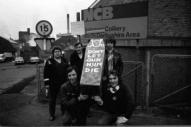 Pickets with coffin during the miners strike at Bolsover Colliery in April 1984.