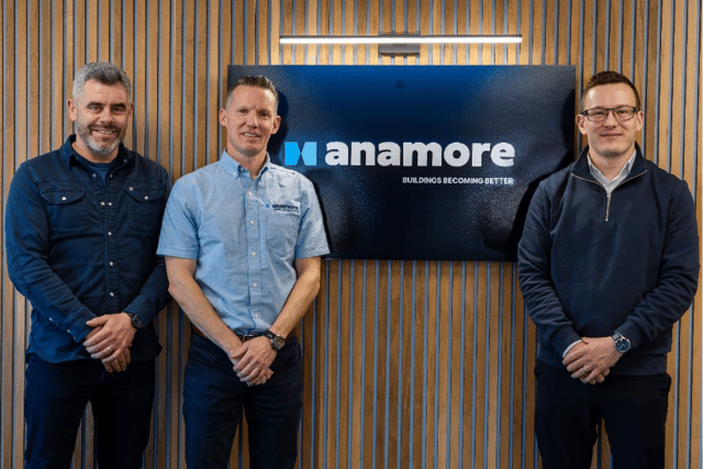 Anamore, a design and building remediation specialist headquartered in Omagh and operating across Ireland and the UK, has secured a £450,000 funding package from HSBC UK to support the first phase of its long-term growth strategy. Pictured is James McCallan, Anamore, Anthony Marley, Anamore and Steven McCormick, HSBC