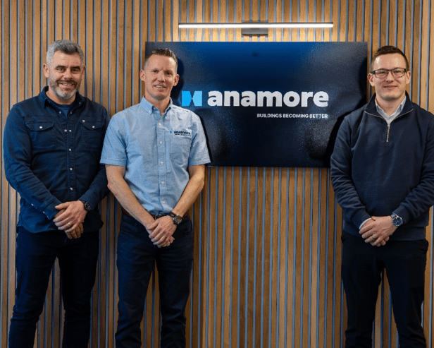 Anamore, a design and building remediation specialist headquartered in Omagh and operating across Ireland and the UK, has secured a £450,000 funding package from HSBC UK to support the first phase of its long-term growth strategy. Pictured is James McCallan, Anamore, Anthony Marley, Anamore and Steven McCormick, HSBC