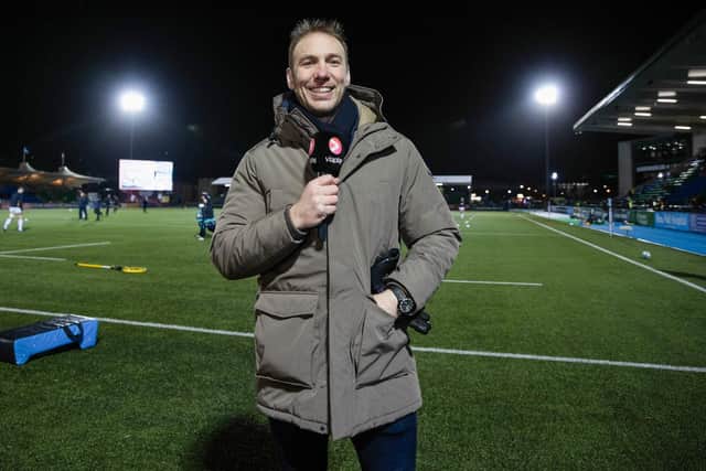 Viaplay presenter and former Ulster player Stephen Ferris during a BKT United Rugby Championship match in Scotland. (Photo by Craig Williamson/SNS Group)