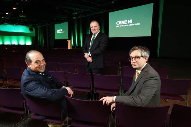 Political stability would boost Northern Ireland commercial property sector’s chances of catching the eye of international investors - CBRE NI. Pictured at the CBRE NI Real Estate Market Outlook in Belfast is Spencer Levy, global client strategist and senior economist at CBRE, Brian Lavery, managing director of CBRE NI and Simon Brown, head of UK office research, CBRE UK