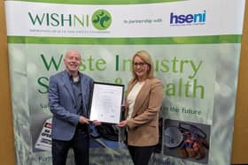 Danielle Shields, Bryson Recycling receives WISHNI Ambassador 2024 Award for demonstrating health and safety best practice within the Northern Ireland Waste Management Industry from David Donnelly, WISHNI