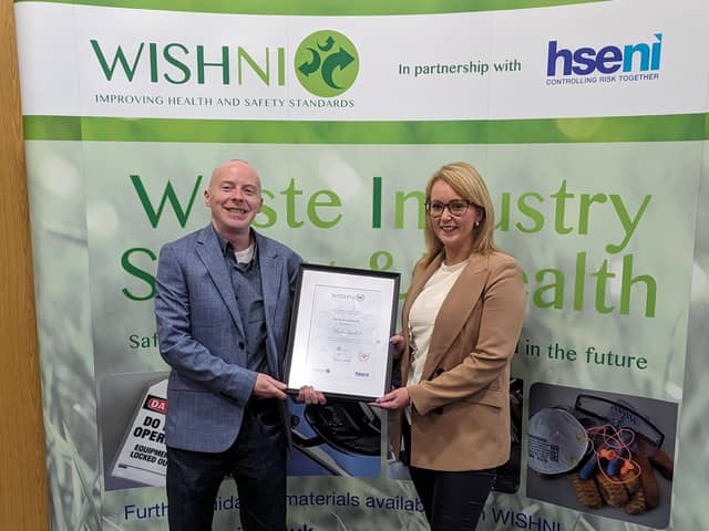 Danielle Shields, Bryson Recycling receives WISHNI Ambassador 2024 Award for demonstrating health and safety best practice within the Northern Ireland Waste Management Industry from David Donnelly, WISHNI
