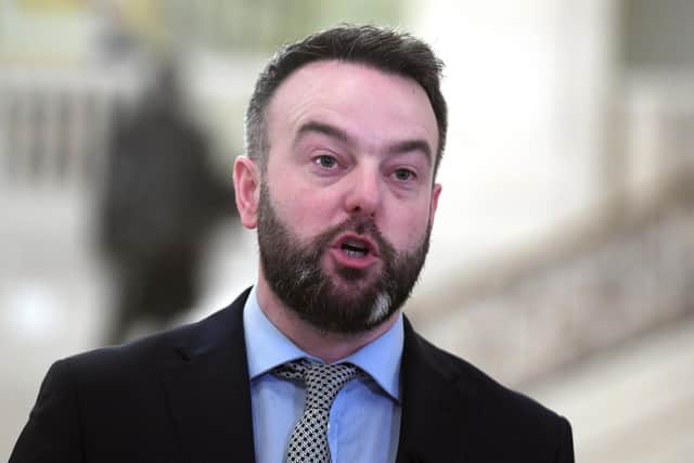 A DUP MLA says that the conviction of three men for an unnotified parade in Markethill is not consistent with the decision not to prosecute Colum Eastwood (pictured) for the same actions in Londonderry. Photo: Oliver McVeigh/PA Wire