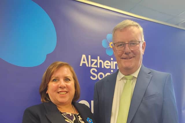 Fiona Carragher, chief policy, and research officer, Alzheimer's Society, and Health Minister Mike Nesbitt