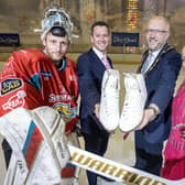 Marking the multi-million pound investment in Dundonald International Ice Bowl are, from left; Andrew Dickson, Goaltender for Belfast Giants; David Burns, Chief Executive of Lisburn & Castlereagh City Council; Mayor of Lisburn & Castlereagh City Council, Councillor Andrew Gowan and Jodie Dowling from Lisburn, competitive figure skater.
Photo: MCAULEY_MULTIMEDIA