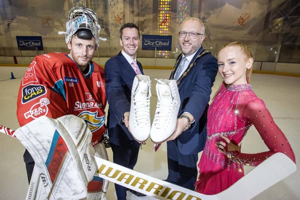 Marking the multi-million pound investment in Dundonald International Ice Bowl are, from left; Andrew Dickson, Goaltender for Belfast Giants; David Burns, Chief Executive of Lisburn & Castlereagh City Council; Mayor of Lisburn & Castlereagh City Council, Councillor Andrew Gowan and Jodie Dowling from Lisburn, competitive figure skater.
Photo: MCAULEY_MULTIMEDIA
