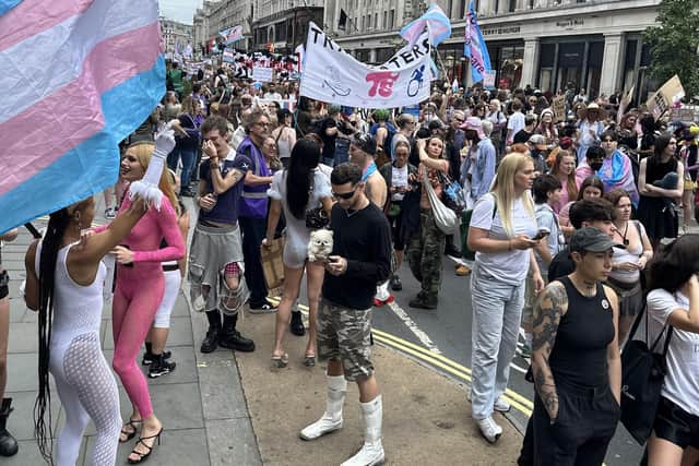 Handout photo issued by London Trans+ Pride of people taking part in London Trans Pride in central London. Picture date: Saturday July 26, 2025. PA Photo. Photo credit should read: Fox Fisher/PA Wire